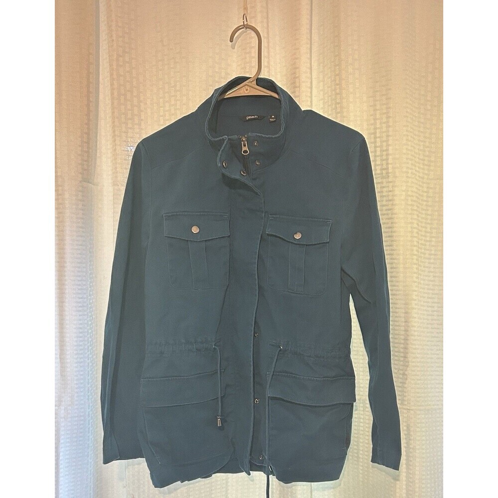 Peach Women's Blue Utility Jacket M Mid-Length Full Zip Snap Front Pockets
